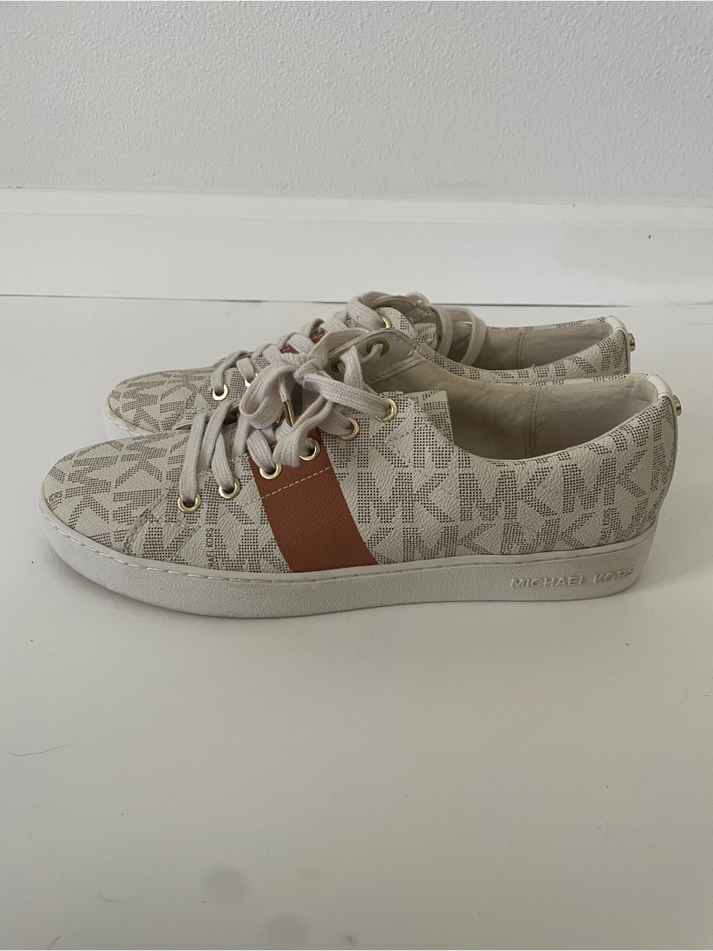 Michael Kors Beige Logo-Print Low Top Sneakers with Brown Accent